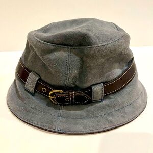 Coach Blue Suede Bucket Hat with Brown Leather Band